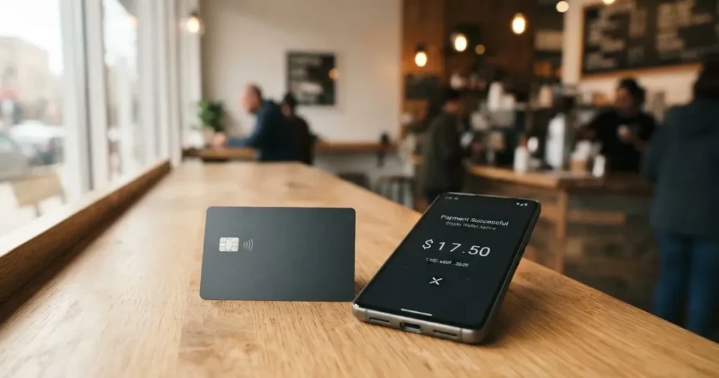 A payment card next to a phone with a crypto wallet app open