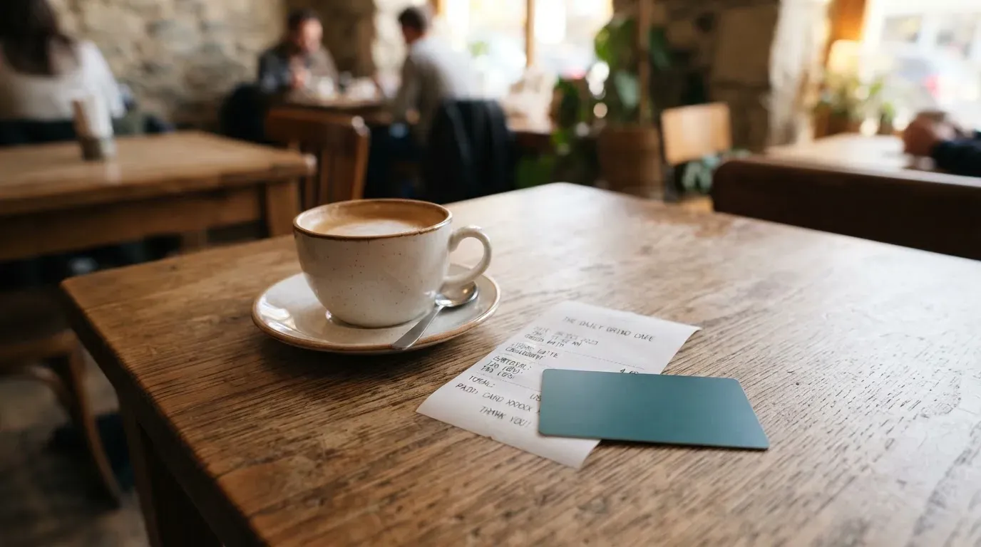 A receipt and a card on a café table