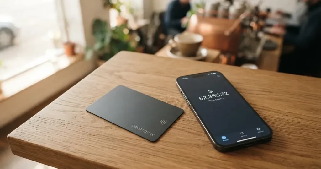 A payment card next to a phone with a crypto wallet app open