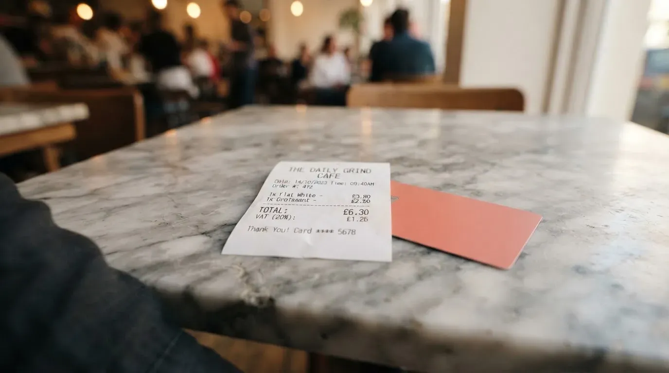 A receipt and a card on a café table