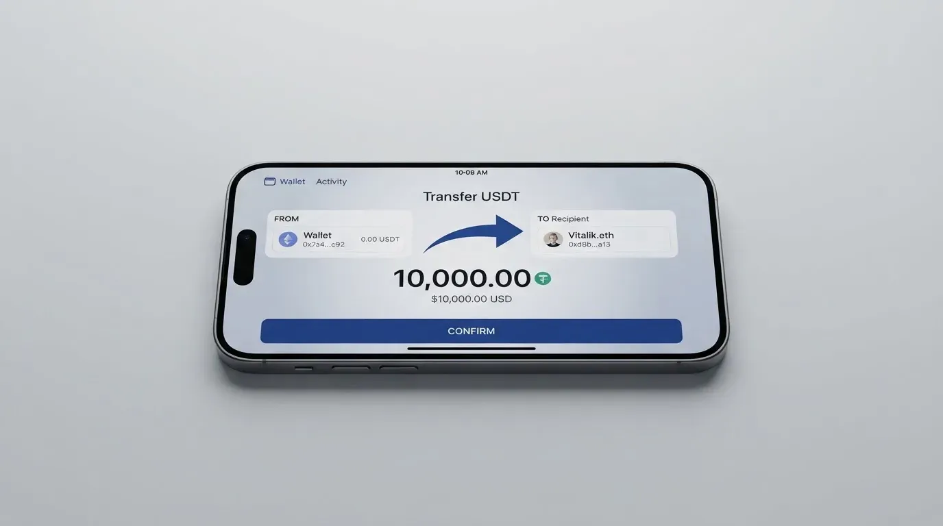 A phone showing a stablecoin transfer screen