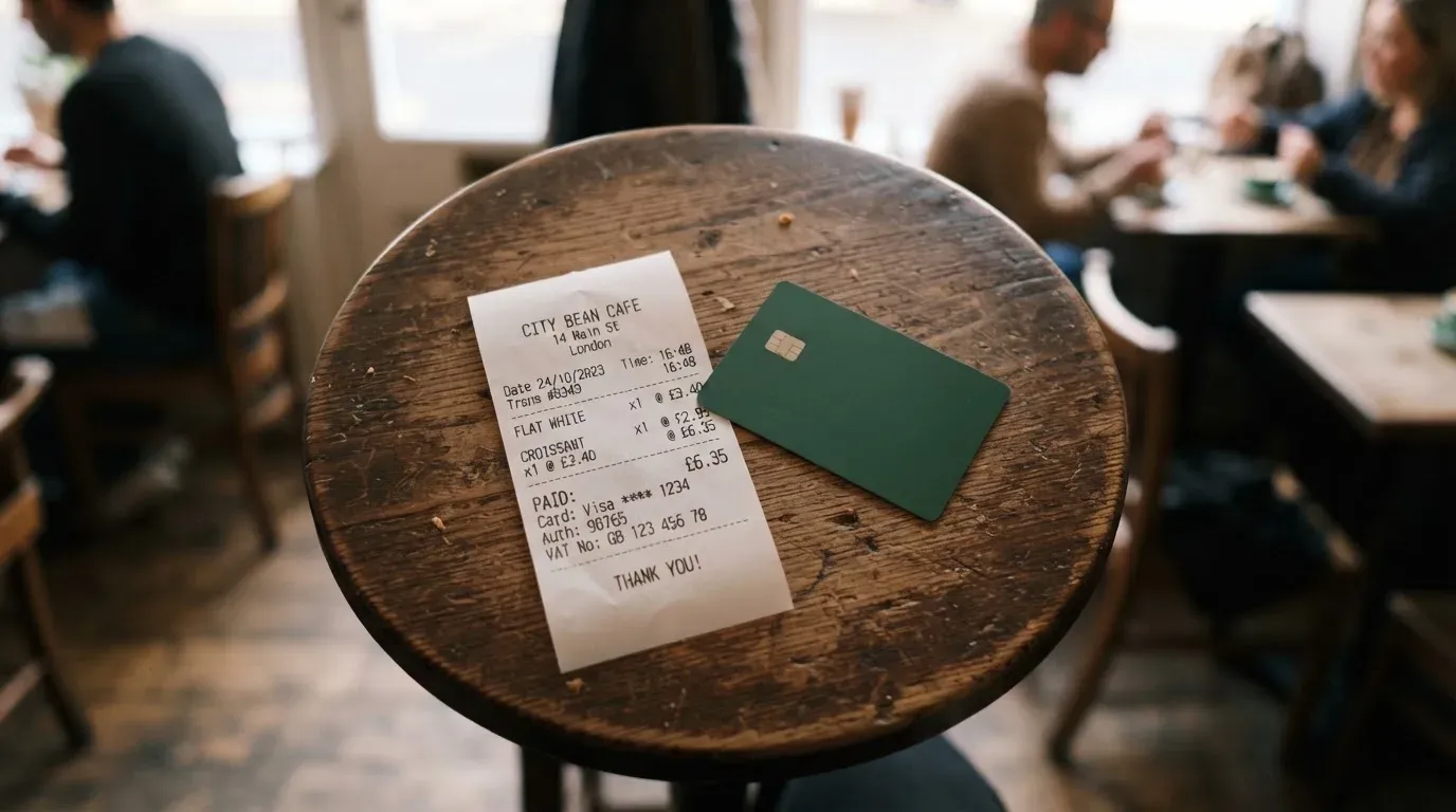 A receipt and a card on a café table