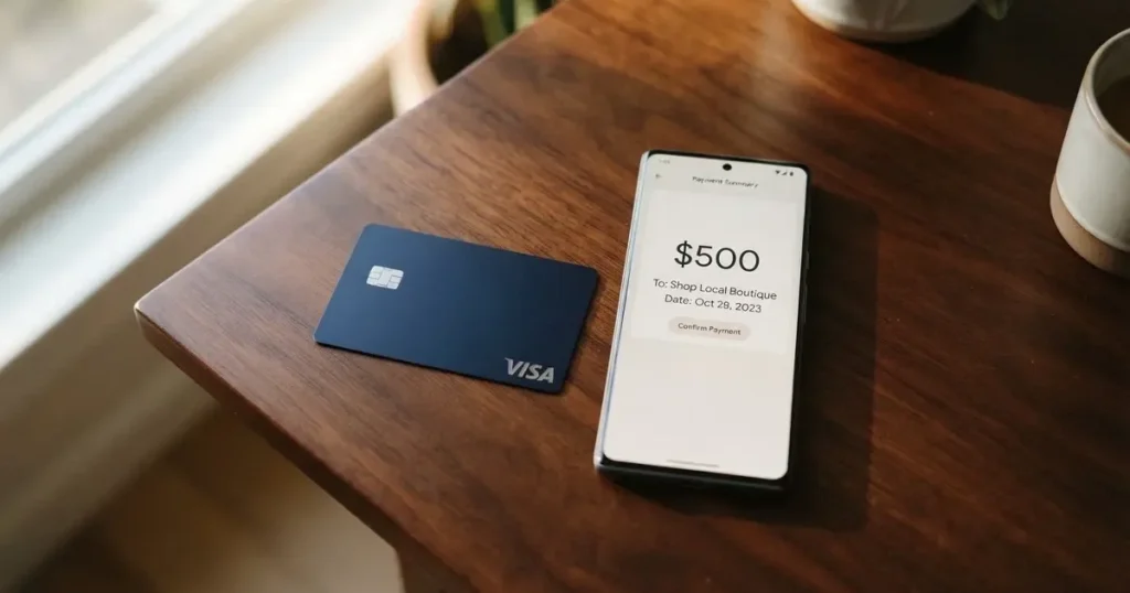 A payment card next to a phone with a crypto wallet app open