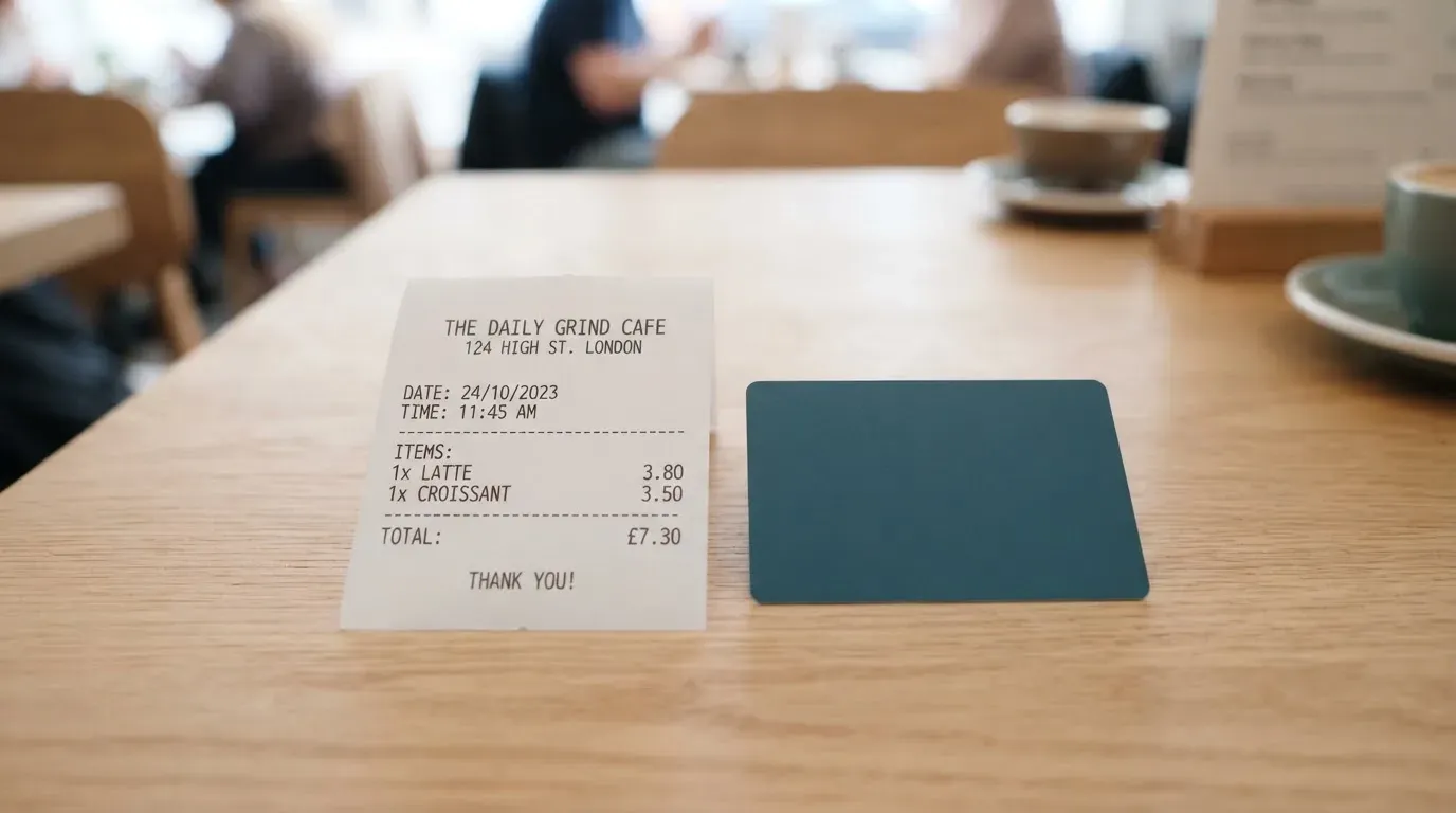 A receipt and a card on a café table