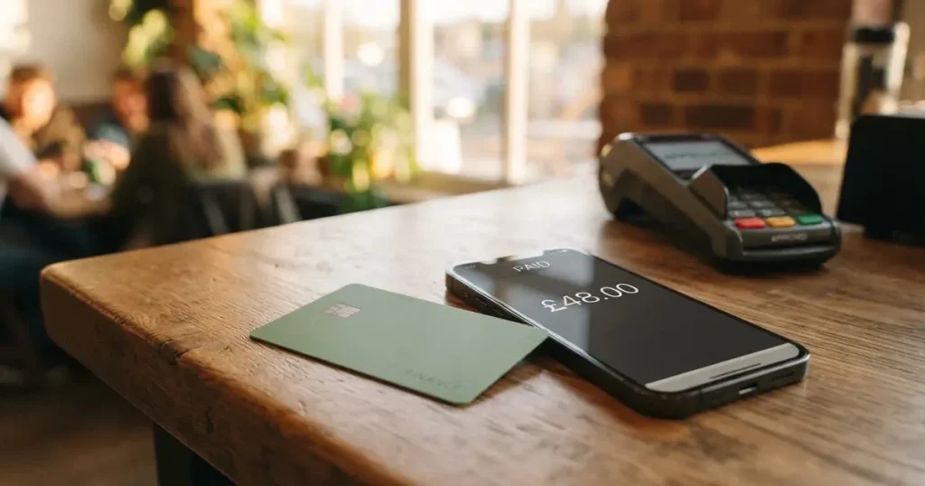A payment card next to a phone with a crypto wallet app open
