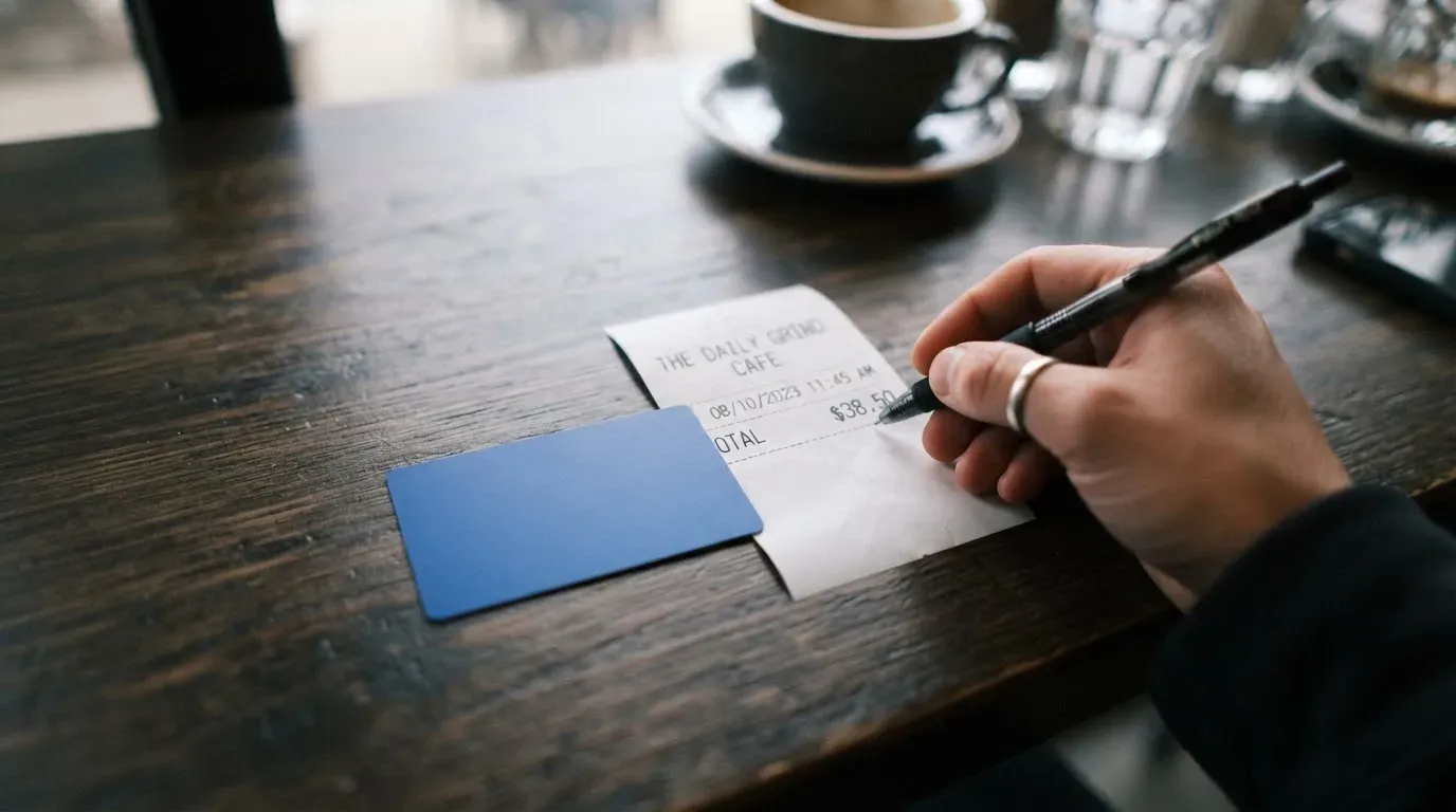 A receipt and a card on a café table