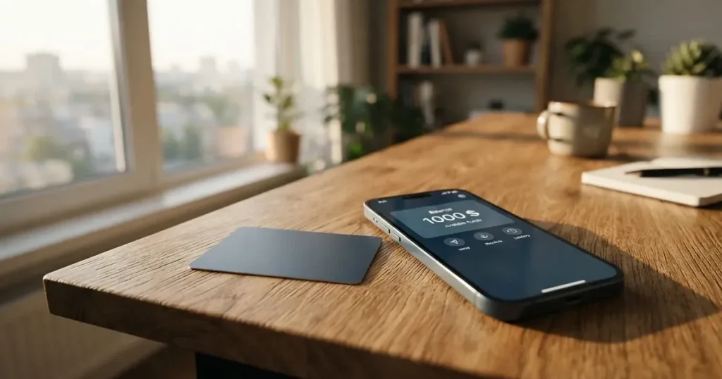 A payment card next to a phone with a crypto wallet app open
