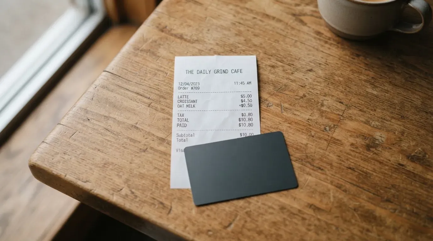A receipt and a card on a café table
