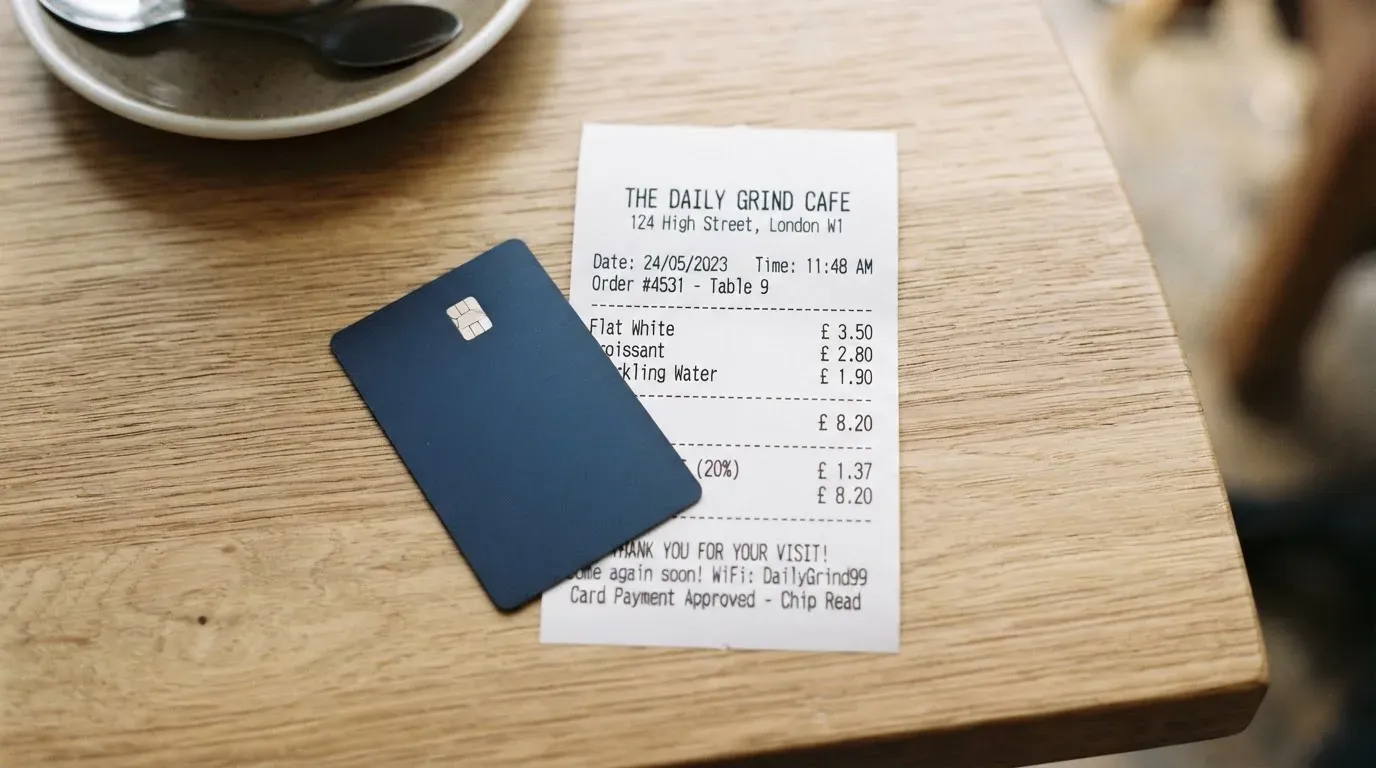 A receipt and a card on a café table