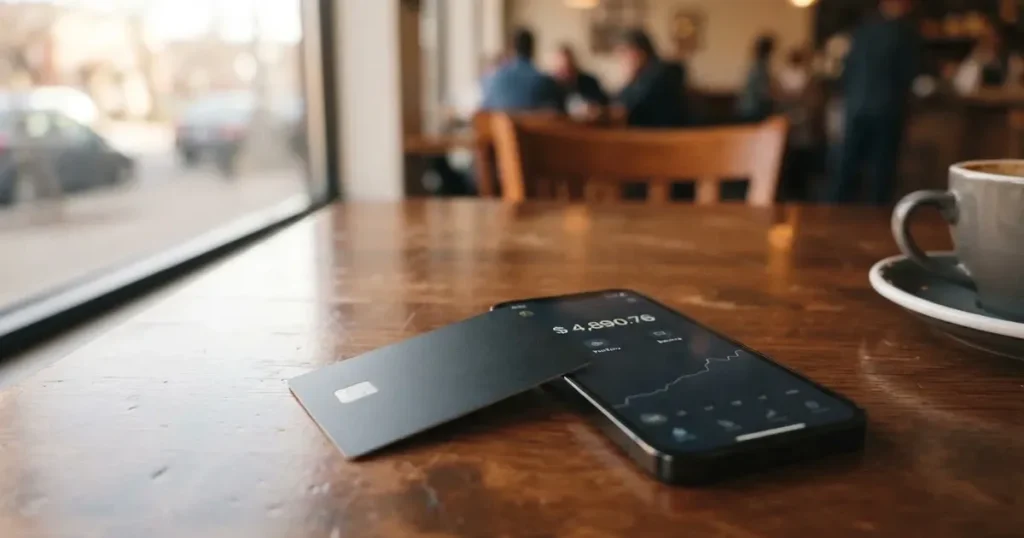 A payment card next to a phone with a crypto wallet app open