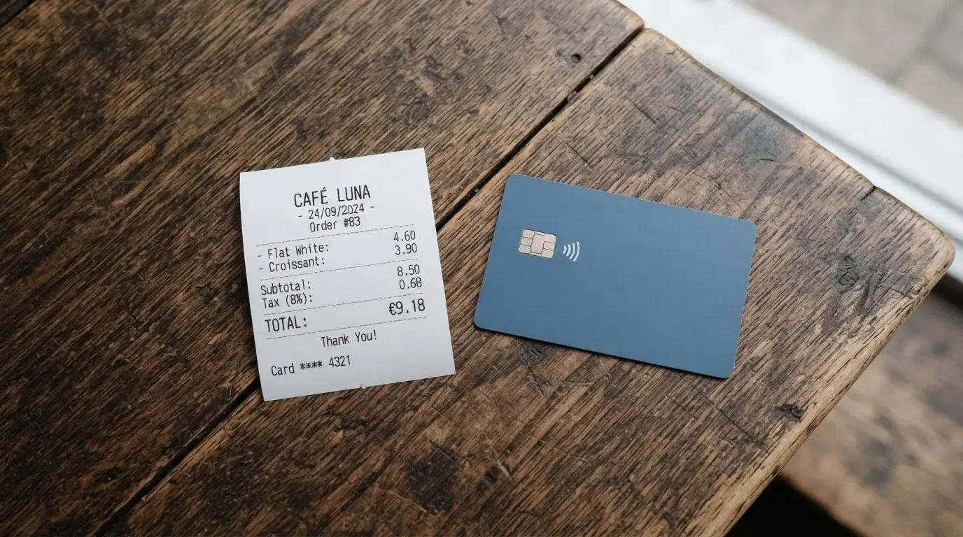 A receipt and a card on a café table