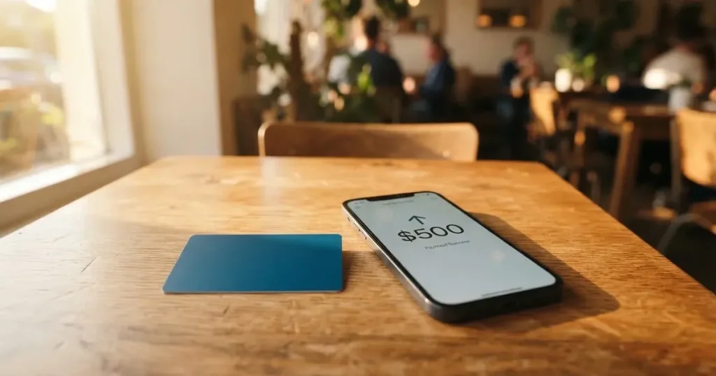 A payment card next to a phone with a crypto wallet app open