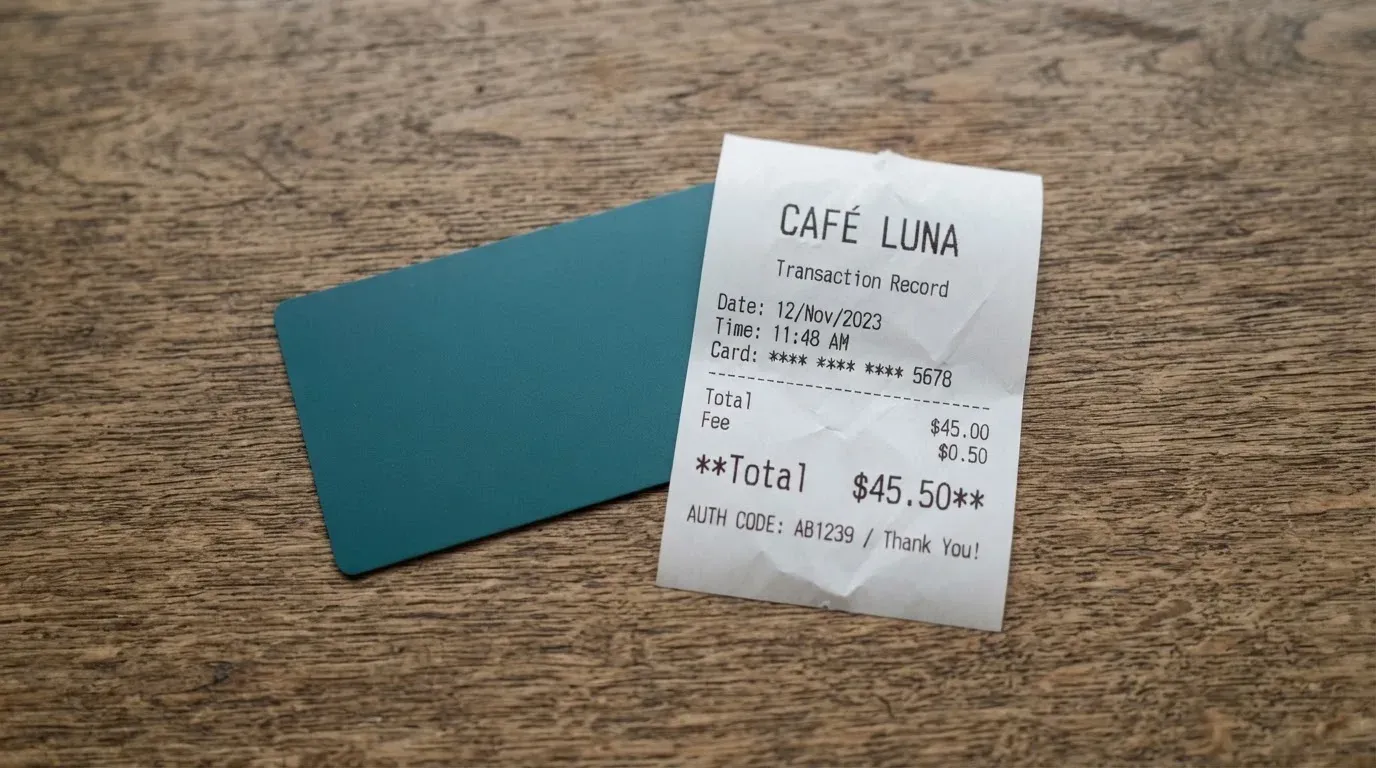A receipt and a card on a café table