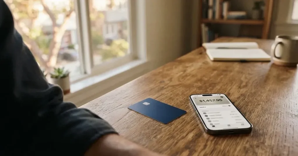 A payment card next to a phone with a crypto wallet app open