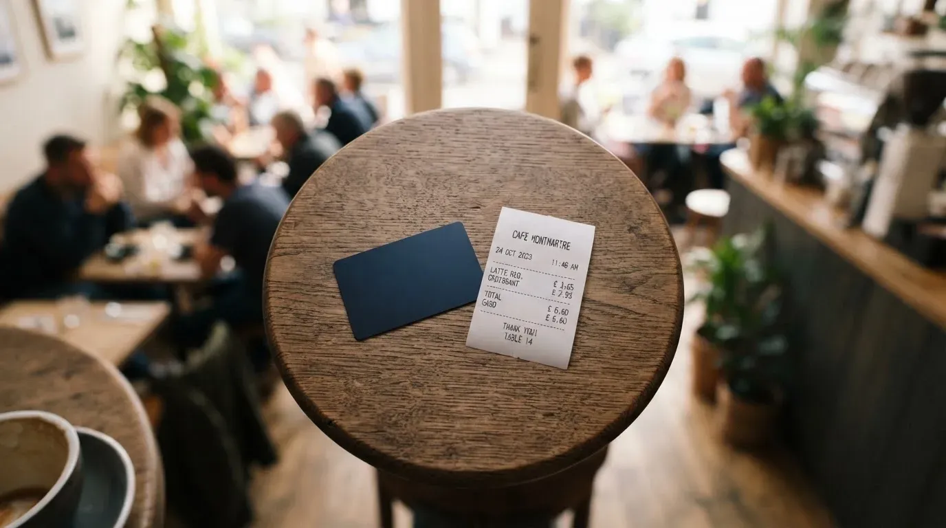 A receipt and a card on a café table