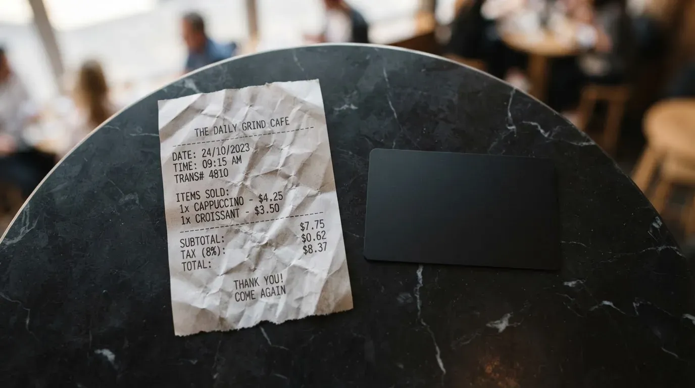 A receipt and a card on a café table