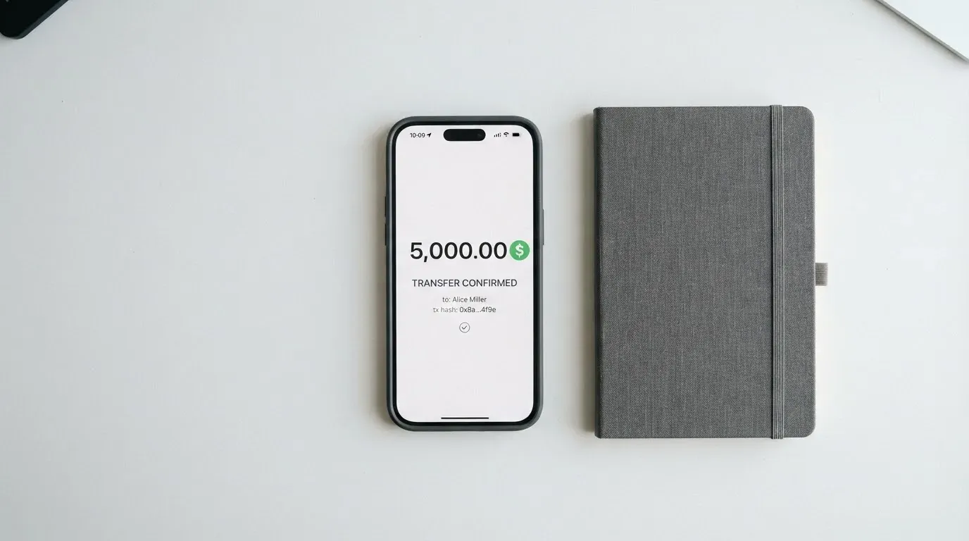 A phone showing a stablecoin transfer screen