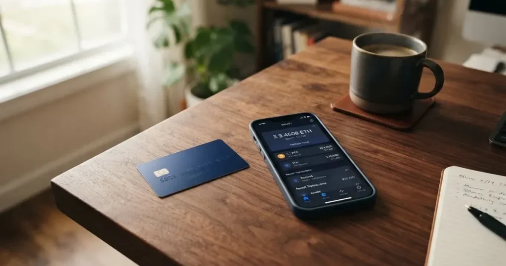 A payment card next to a phone with a crypto wallet app open