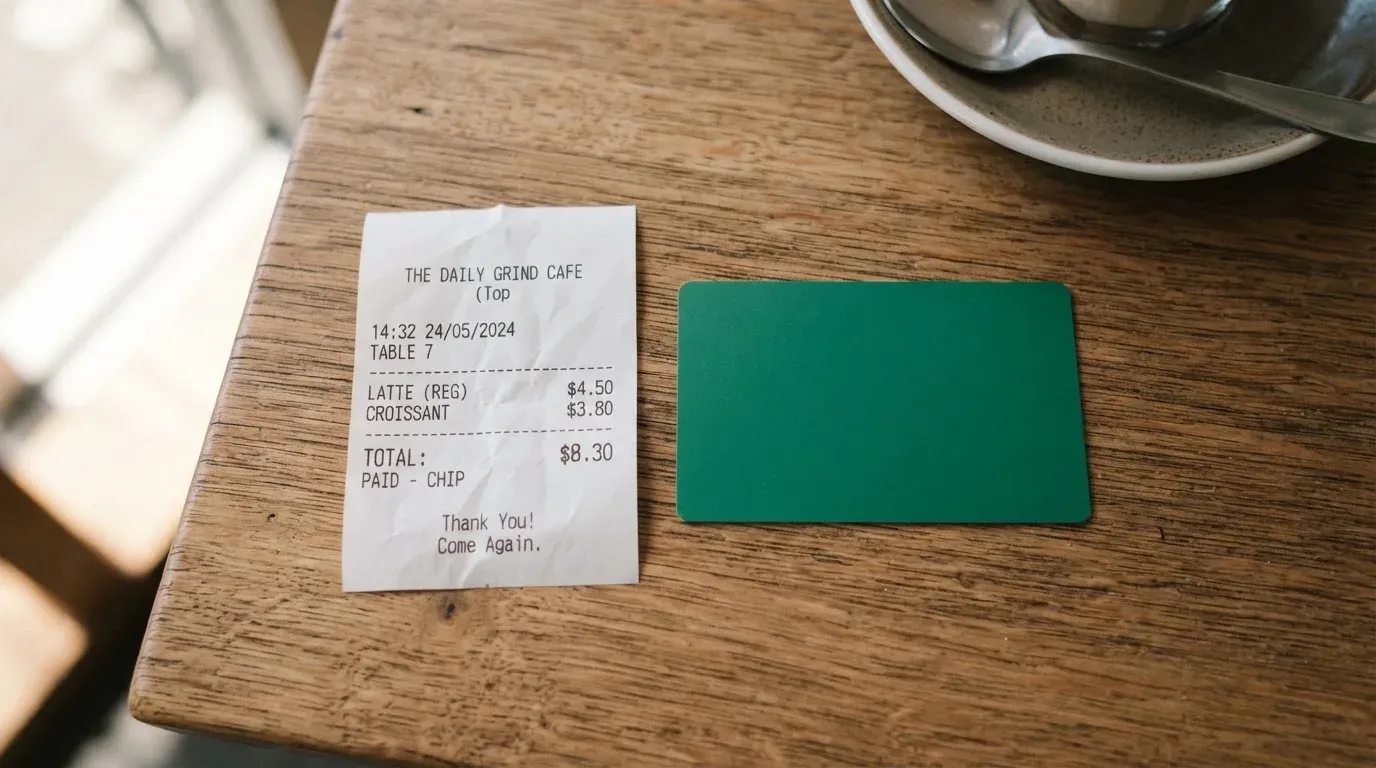 A receipt and a card on a café table