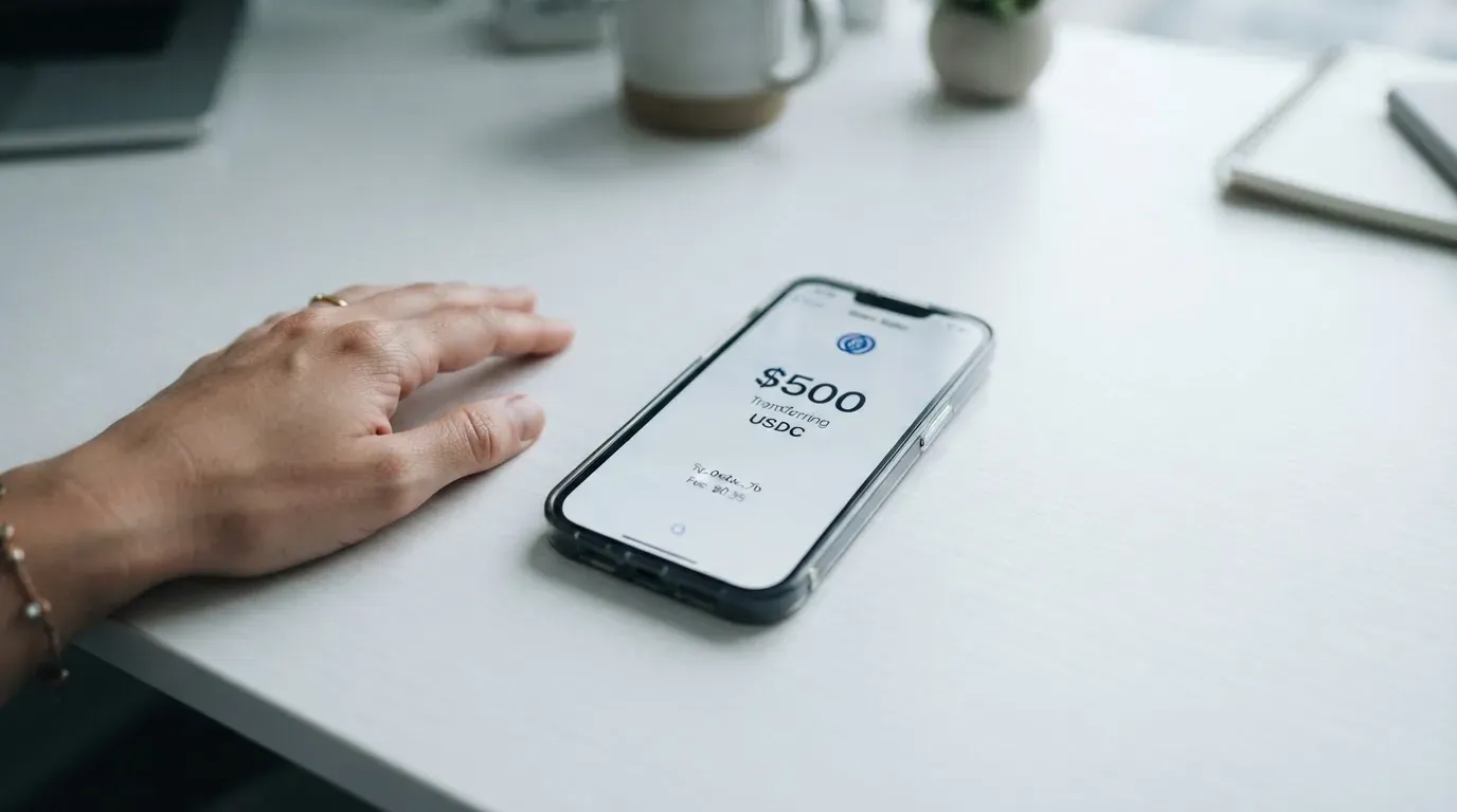A phone showing a stablecoin transfer screen