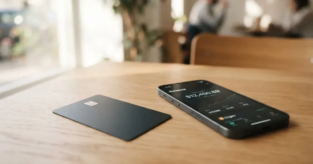 A payment card next to a phone with a crypto wallet app open