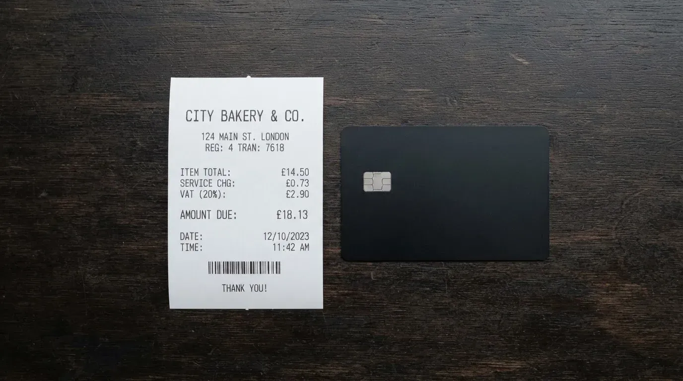 A receipt and a card on a café table