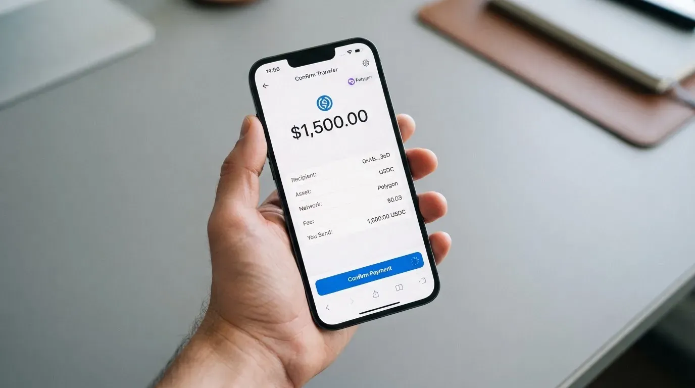 A phone showing a stablecoin transfer screen