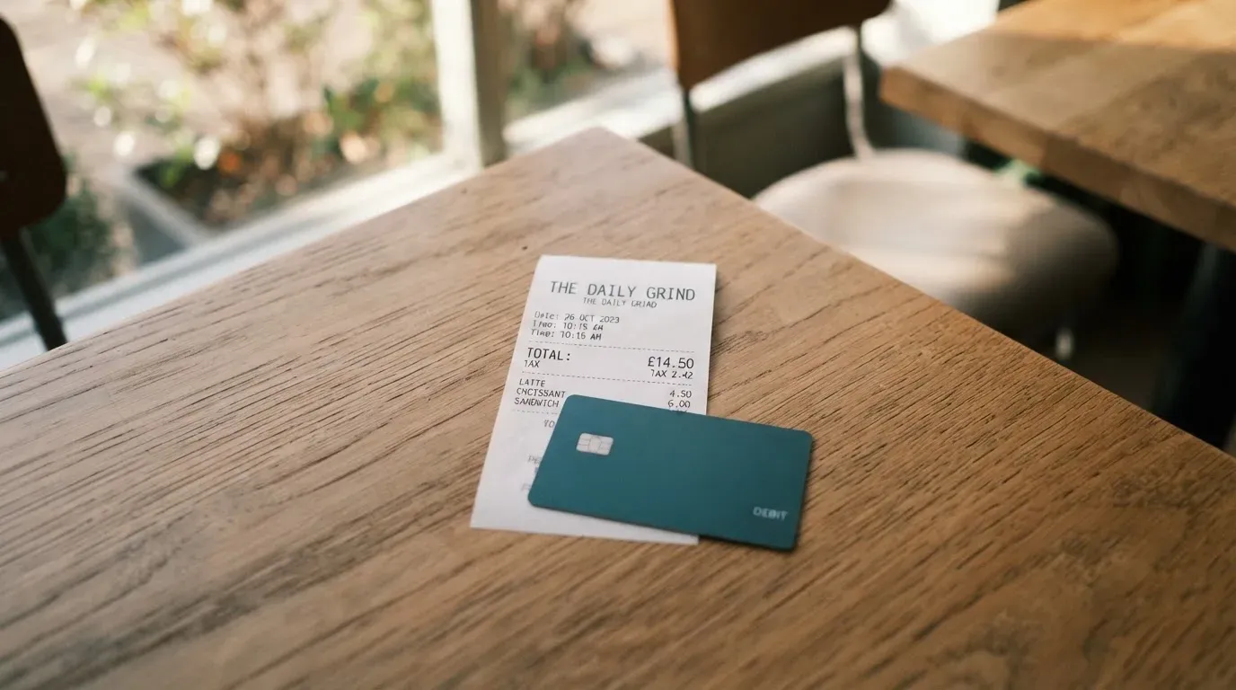 A receipt and a card on a café table