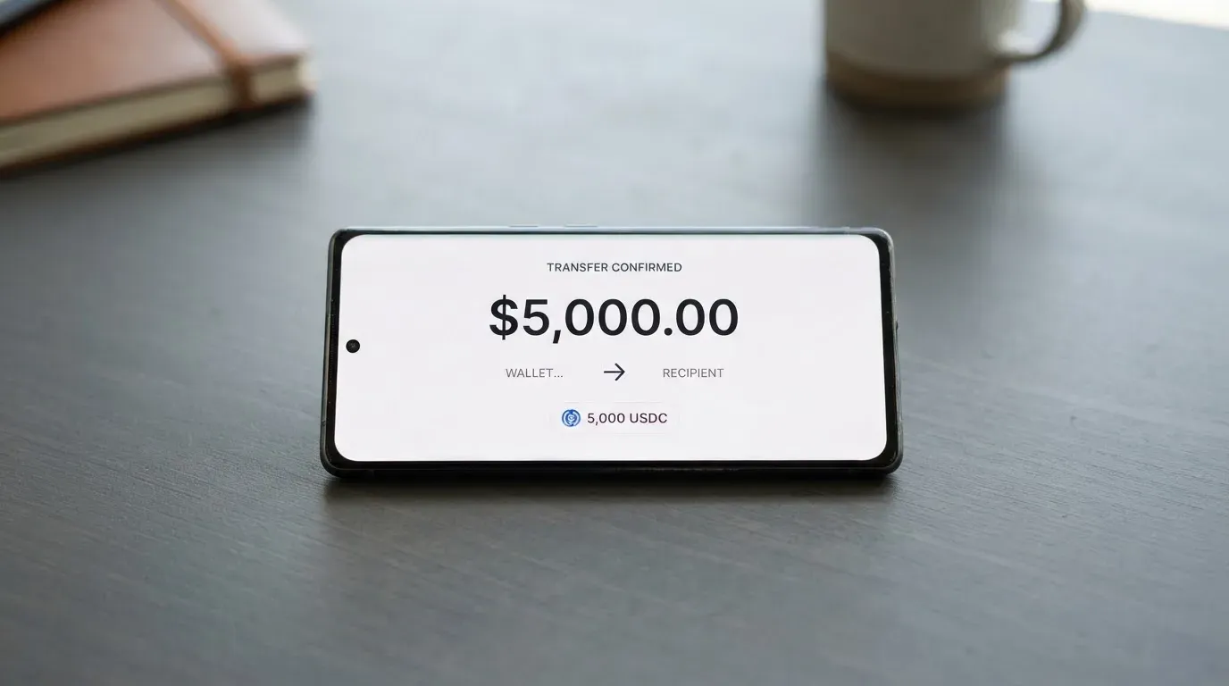 A phone showing a stablecoin transfer screen