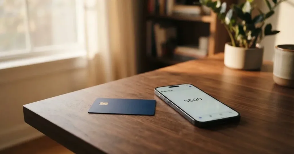 A payment card next to a phone with a crypto wallet app open