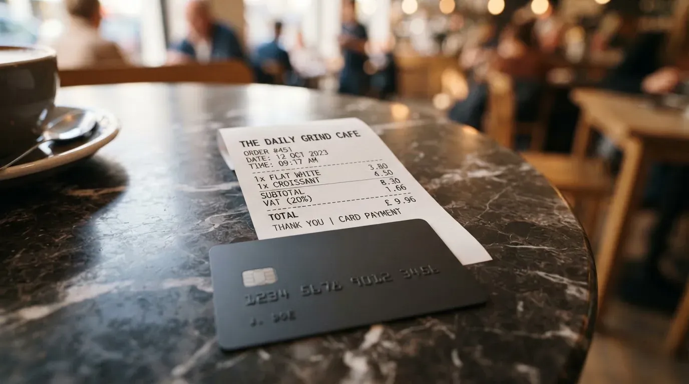 A receipt and a card on a café table