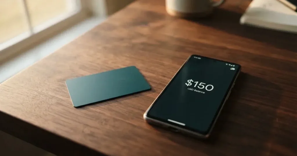 A payment card next to a phone with a crypto wallet app open