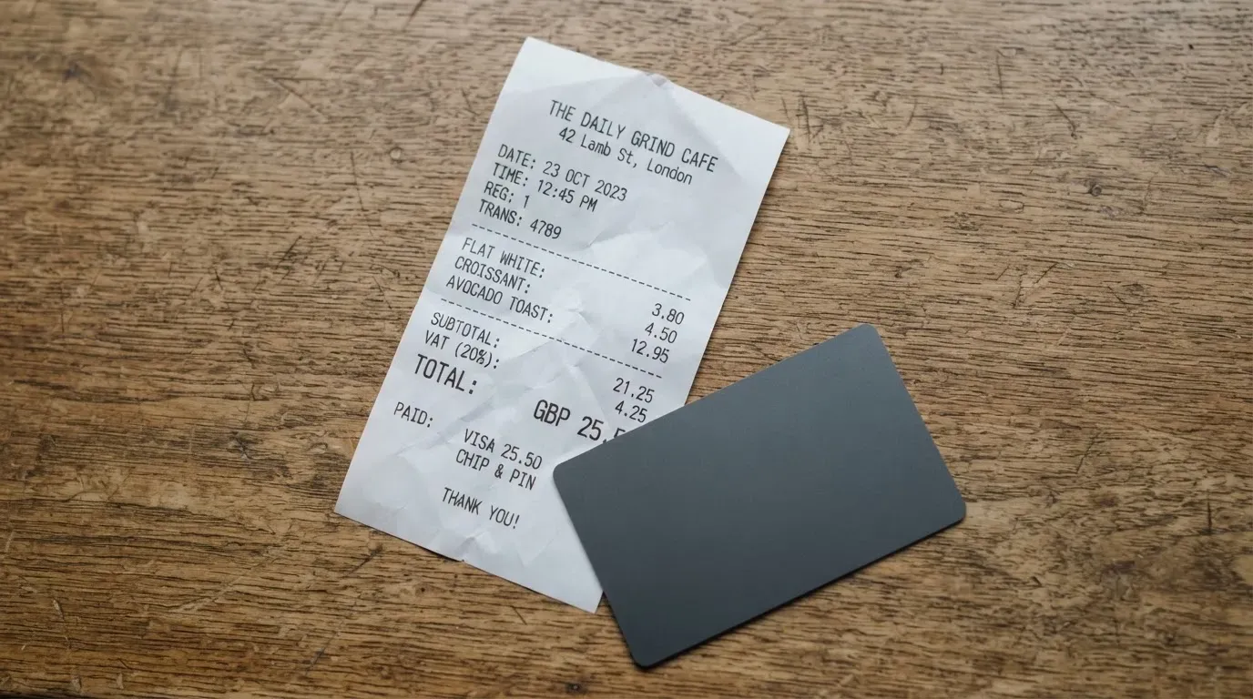 A receipt and a card on a café table