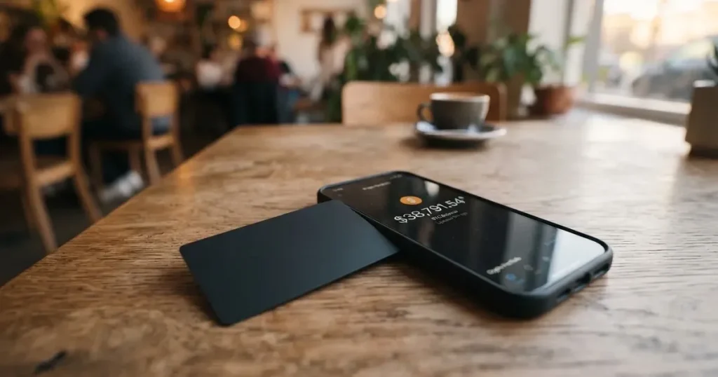 A payment card next to a phone with a crypto wallet app open