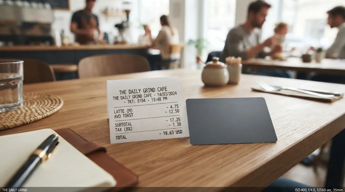 A receipt and a card on a café table