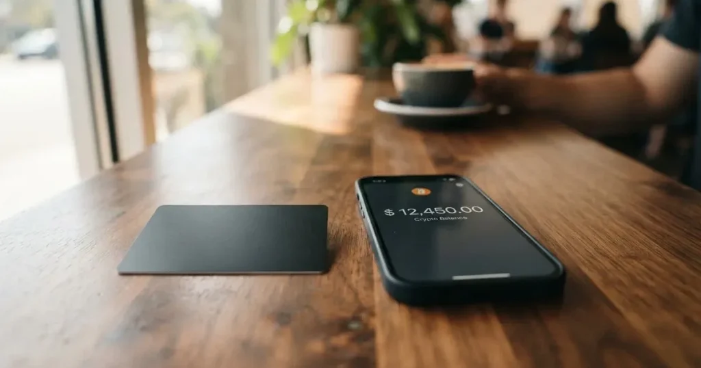 A payment card next to a phone with a crypto wallet app open