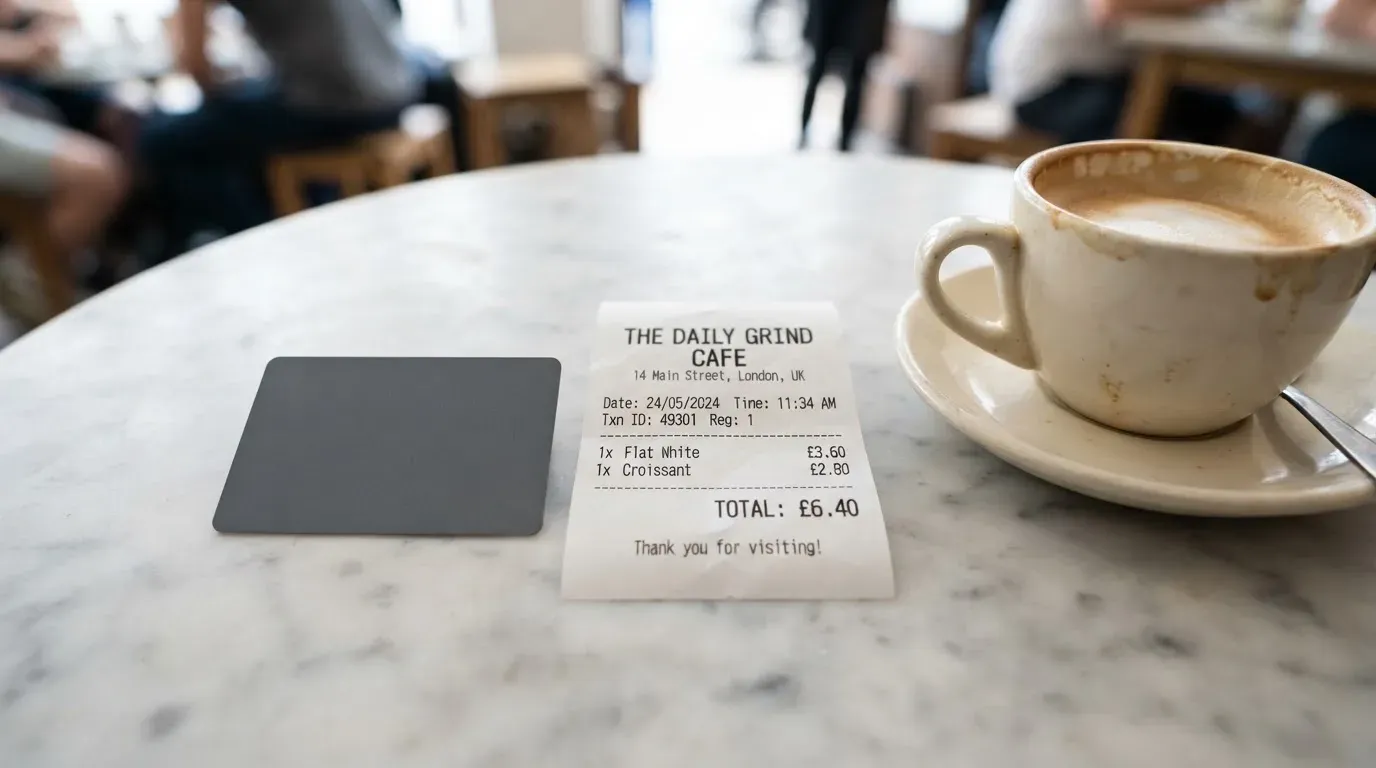 A receipt and a card on a café table