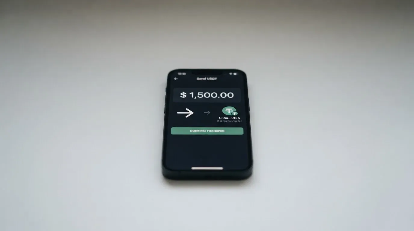 A phone showing a stablecoin transfer screen