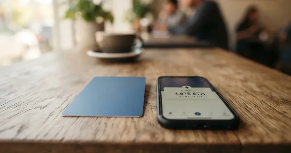 A payment card next to a phone with a crypto wallet app open