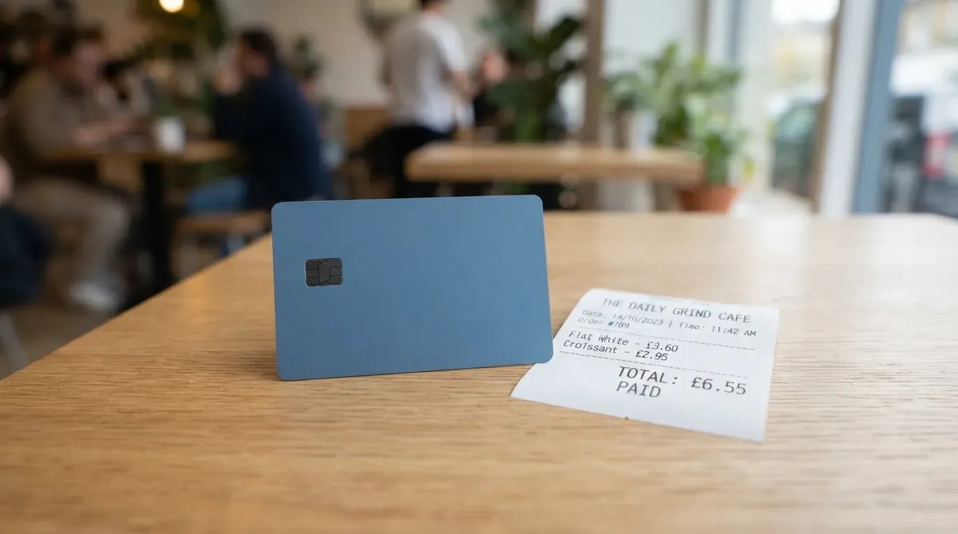 A receipt and a card on a café table