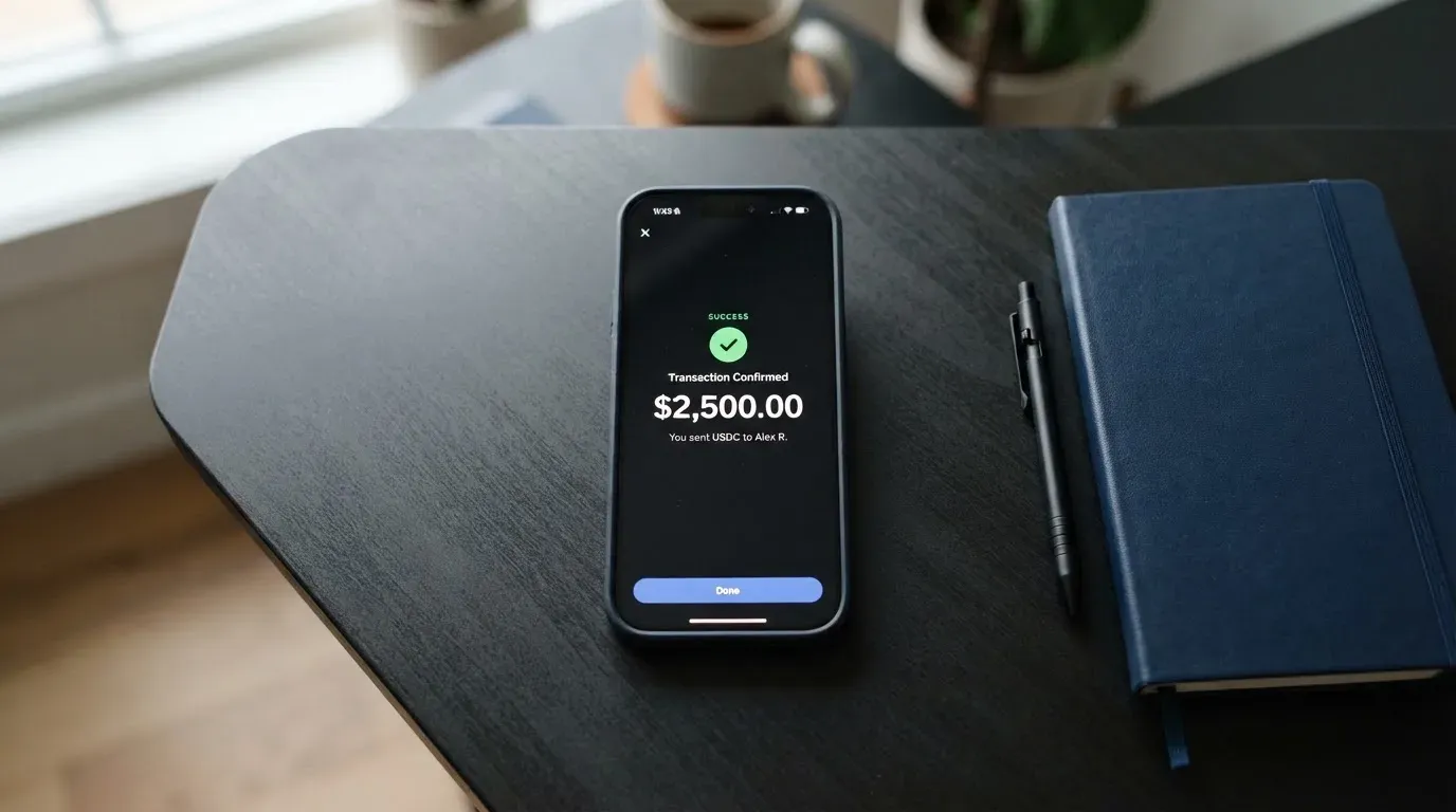 A phone showing a stablecoin transfer screen