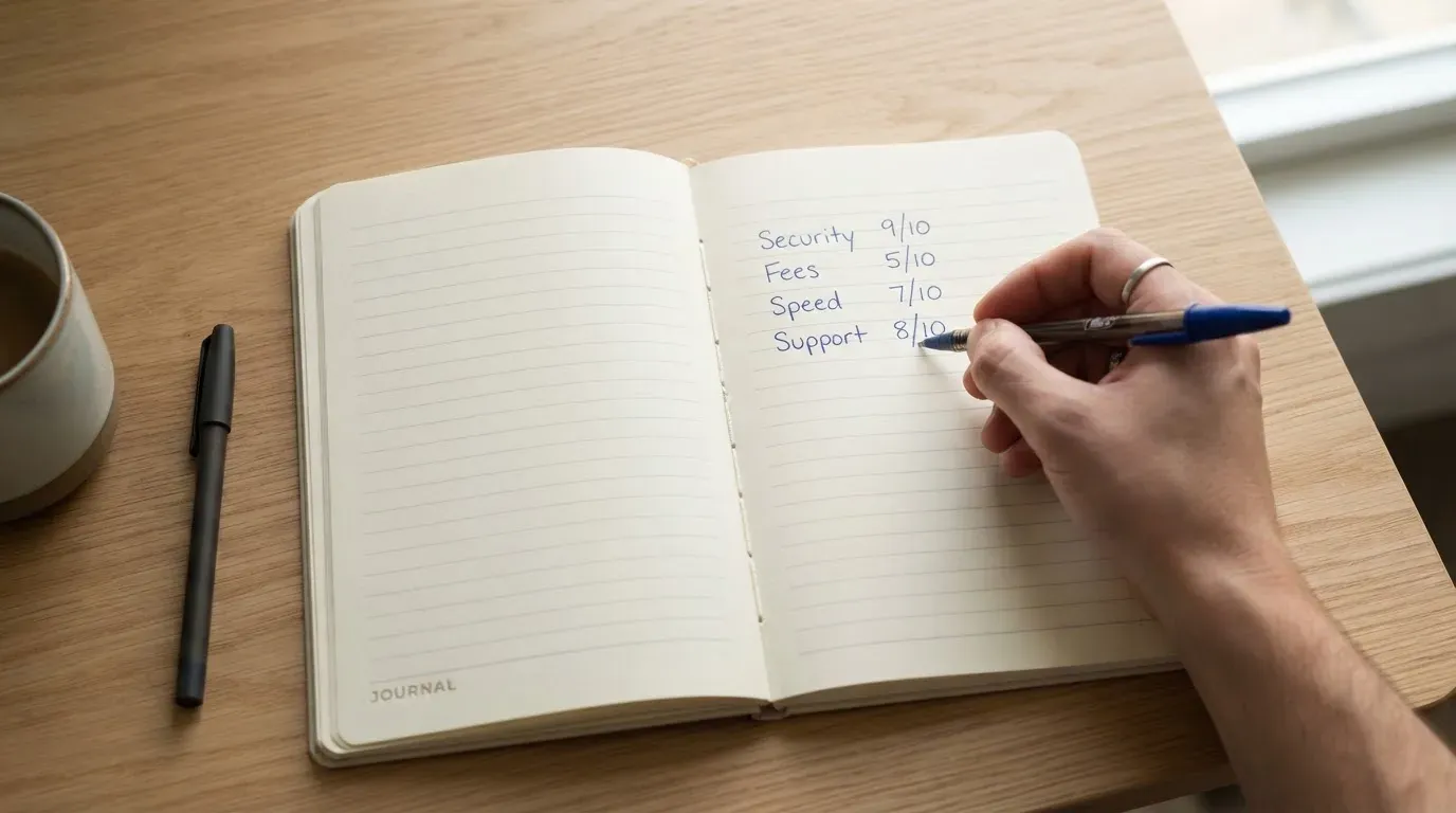 A notebook with a hand-drawn comparison table and a pen