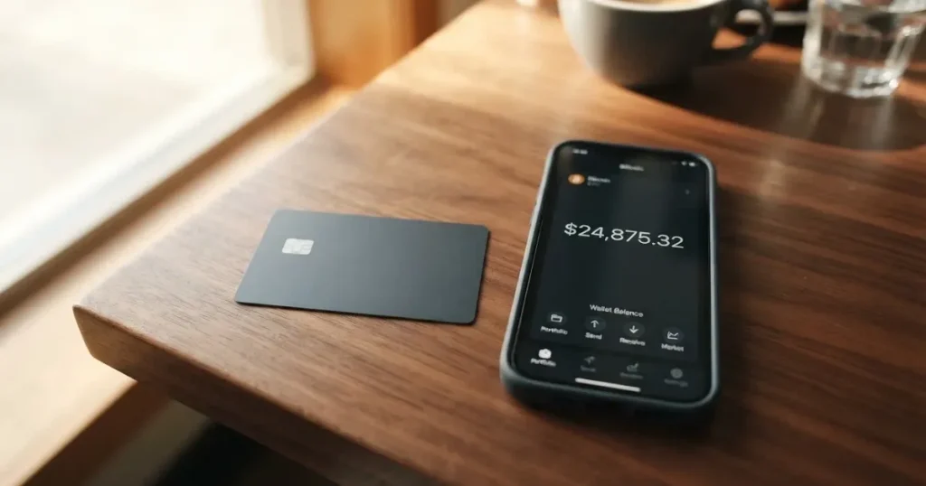 A payment card next to a phone with a crypto wallet app open