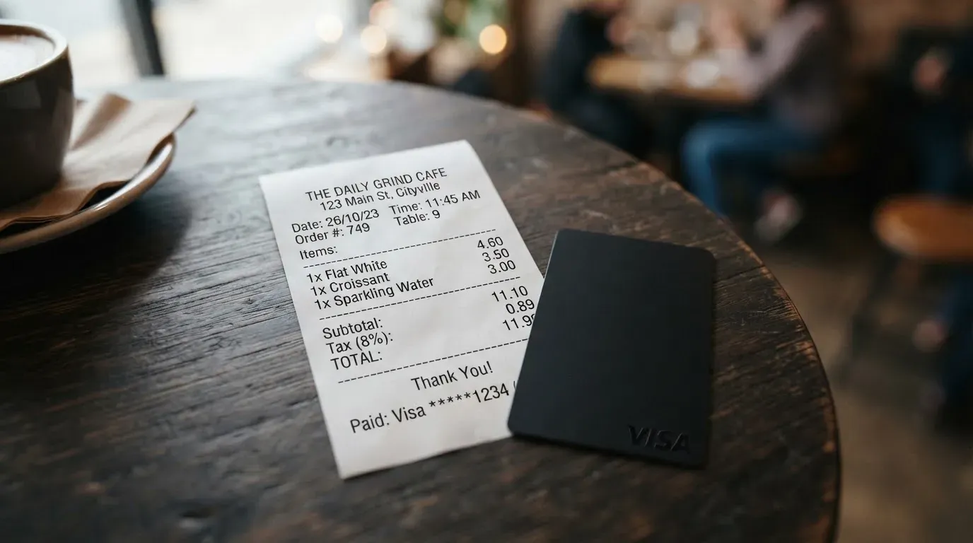 A receipt and a card on a café table