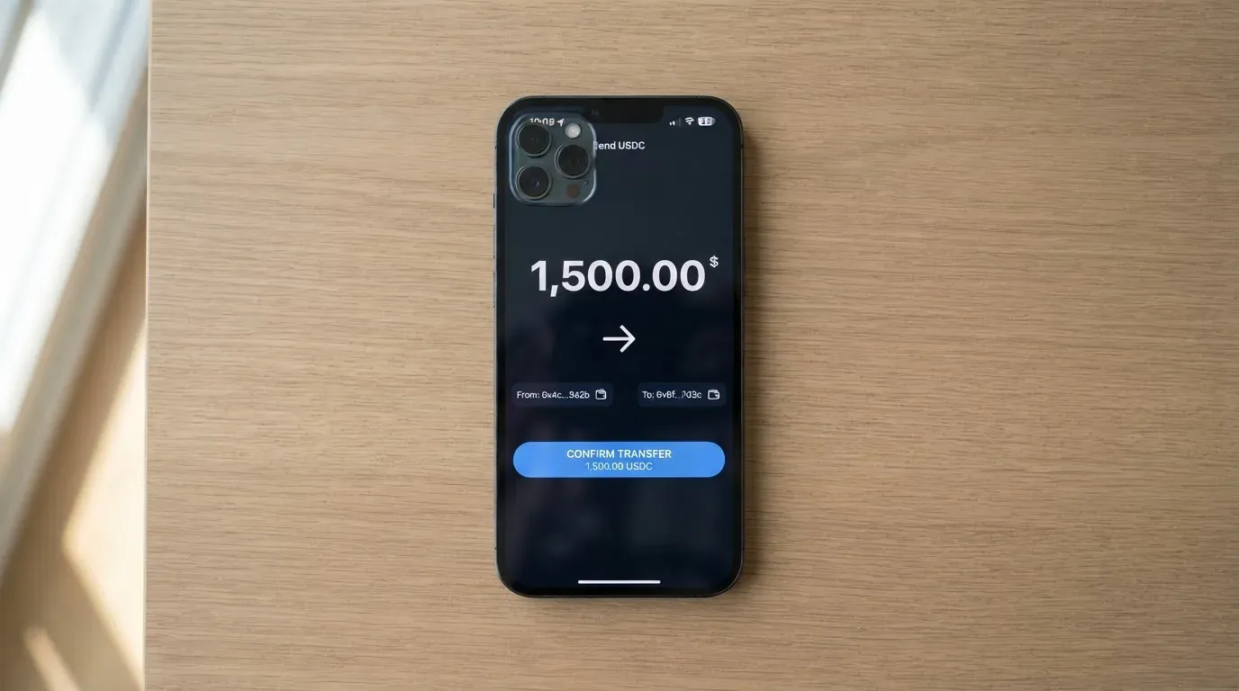 A phone showing a stablecoin transfer screen