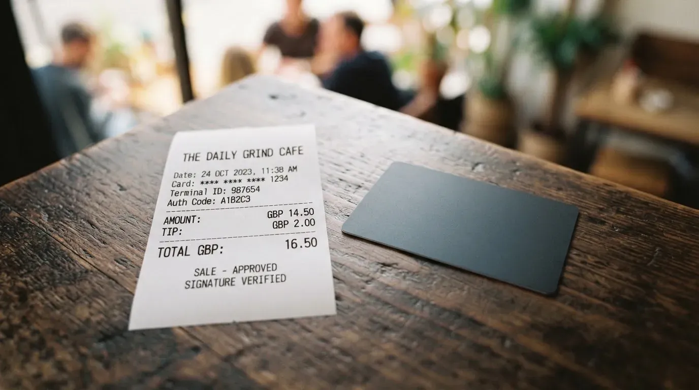 A receipt and a card on a café table