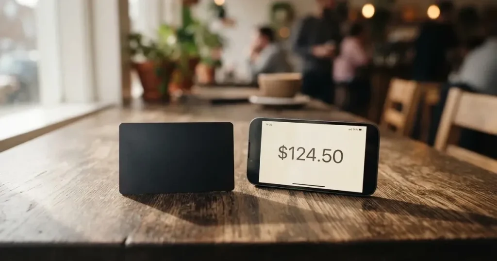 A payment card next to a phone with a crypto wallet app open