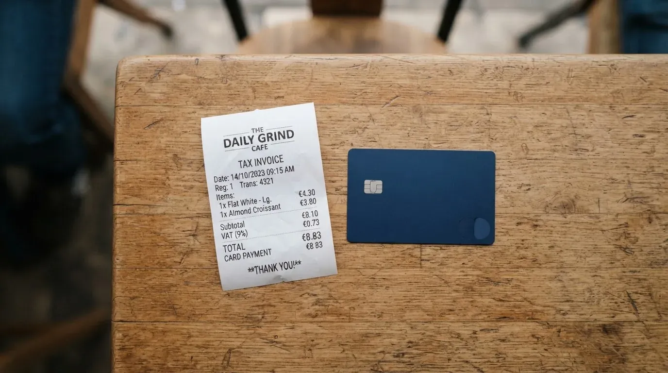 A receipt and a card on a café table