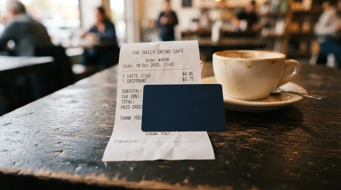 A receipt and a card on a café table