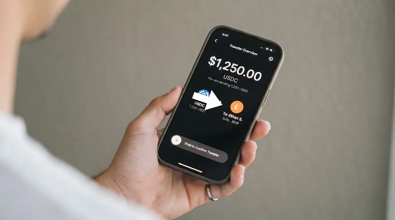 A phone showing a stablecoin transfer screen